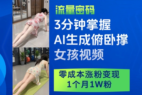 3分钟掌握AI生成俯卧撑女孩视频，零成本涨粉变现，1个月1W粉-网赚客广场